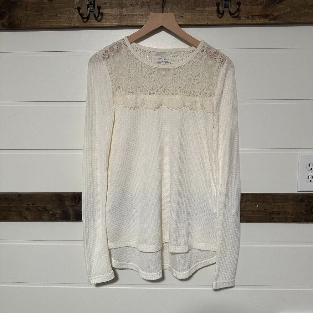Lucky Brand Ivory Lace Yoke Waffle Knit Top XS NWOT